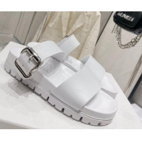 Most Popular Prada Rubber Flat Slide Sandals with Buckle White 30386