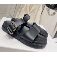 Charming Prada Rubber Flat Slide Sandals with Buckle Black 030387