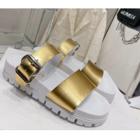 Classic Hot Prada Rubber Flat Slide Sandals with Buckle White/Gold 30388