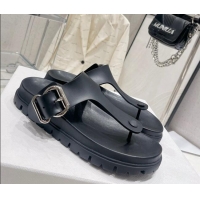 Best Price Prada Rubber Flat Thong Sandals with Buckle Black 030391