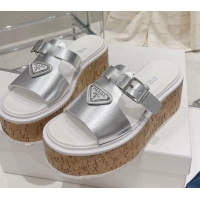 Perfect Prada Rubber Platform Slide Sandals with Buckle Silver 030395