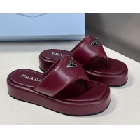 Stylish Prada Soft Lambskin Platform Thong Sandals Burgundy 0322085