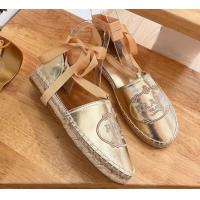 Sumptuous Prada Metallic Leather Flat Espadrilles with Laces Gold 0322088