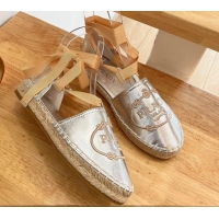 Good Quality Prada Metallic Leather Flat Espadrilles with Laces Silver 0322089