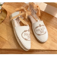 Luxury Prada Metallic Leather Flat Espadrilles with Laces White 0322091