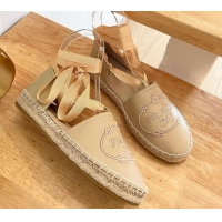 Pretty Style Prada Metallic Leather Flat Espadrilles with Laces Beige 322092