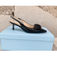 Low Price Prada Patent Leather Heel Slingback Pumps with Logo Bloom Black 322094