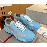 Grade Quality Prada Men's America's Cup Soft Rubber and Bike Fabric Sneakers Light Blue 609111