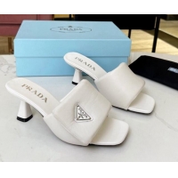 Luxury Prada Soft Padded Nappa Leather Heel Slide Sandals 6.5cm White 609115