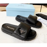 Top Design Prada Soft Padded Nappa Leather Flat Slide Sandals Black 609117