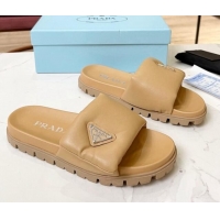 Sumptuous Prada Soft Padded Nappa Leather Flat Slide Sandals Beige 609118