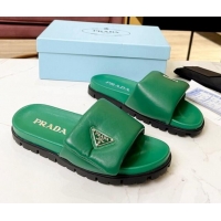 Stylish Prada Soft Padded Nappa Leather Flat Slide Sandals Green 609119