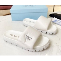 Best Price Prada Soft Padded Nappa Leather Flat Slide Sandals White 609121