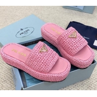 Charming Prada Crochet Platform Slide Sandals 4cm Pink 061004