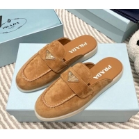 Unique Discount Prada Suede Sabots Flat Mules Camel Brown 1D270N 612104