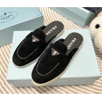 Good Quality Prada Suede Sabots Flat Mules Black 1D270N 612105