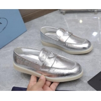 Shop Duplicate Prada Metallic Leather Loafers Silver 1D222N 612131