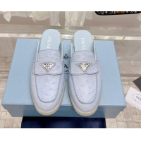 Good Quality Prada Ostrich-Embossed Leather Sabots Flat Mules Light Blue 1D270N 612134