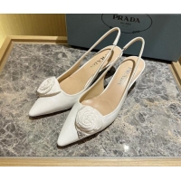 Good Product Prada Patent Leather Slingback Pumps 5cm with Fabric Flower White 612138