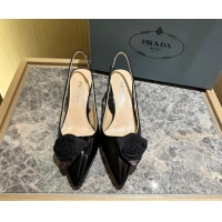 Good Quality Prada Patent Leather Slingback Pumps 5cm with Fabric Flower Black 612140