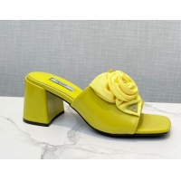 Sumptuous Prada Brushed Leather Heel Slide Sandals 7.5cm with Fabric Flower Yellow 612149