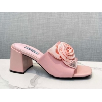 Hot Style Prada Brushed Leather Heel Slide Sandals 7.5cm with Fabric Flower Pink 612151