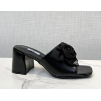 Stylish Prada Brushed Leather Heel Slide Sandals 7.5cm with Fabric Flower Black 612152