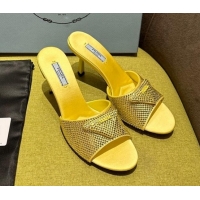 Durable Prada Satin Heel Slide Sandals 7.5cm with Crystals Yellow 612168