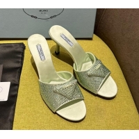 Good Quality Prada Satin Heel Slide Sandals 7.5cm with Crystals Light Green 612169