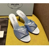 Perfect Prada Satin Heel Slide Sandals 7.5cm with Crystals Blue 612170