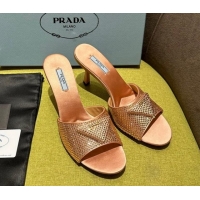 Stylish Prada Satin Heel Slide Sandals 7.5cm with Crystals Pink 612171