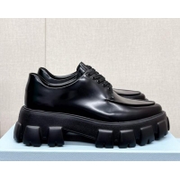 Most Popular Prada Monolith Brushed Leather Pointed Lace-up Shoes Black 612211