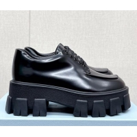 Classic Hot Prada Monolith Brushed Leather Lace-up Shoes Black 612215