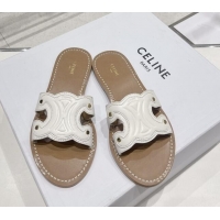 Top Grade Celine Triomphe Leather Flat Slide Sandals White 022210