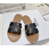 Good Looking Celine Triomphe Leather Flat Slide Sandals Black 022212