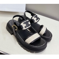 Low Price Celine Clea Triomphe Sandals in Calfskin and Canvas Black/White 331065