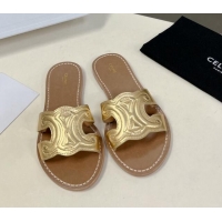 Good Product Celine Triomphe Flat Slide Sandals in Gold Metalized Calfskin 401035