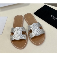 Best Product Celine Triomphe Flat Slide Sandals in Silver Metalized Calfskin 401036