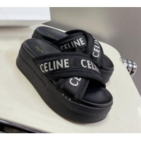 Classic Hot Celine Block Platform Slide Sandals in Mesh and Textile with Celine Jacquard Black 524102