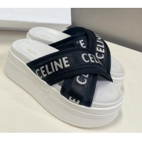 Good Looking Celine Block Platform Slide Sandals in Mesh and Textile with Celine Jacquard Black/White 524103