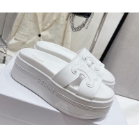 Stylish Celine Triomphe Leather Platform Slide Sandals White 524106