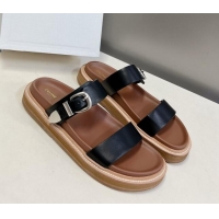 Charming Celine Leather Slide Sandals with Buckle Black 619068