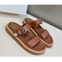 Grade Celine Leather Slide Sandals with Buckle Tan Brown 619070