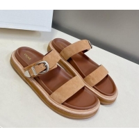 Best Price Celine Suede Slide Sandals with Buckle Beige 619071