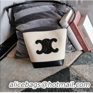 Famous Brand Celine Small Bucket Cuir Triomphe Bag in Textile and Calfskin 198242 Black/White 2023