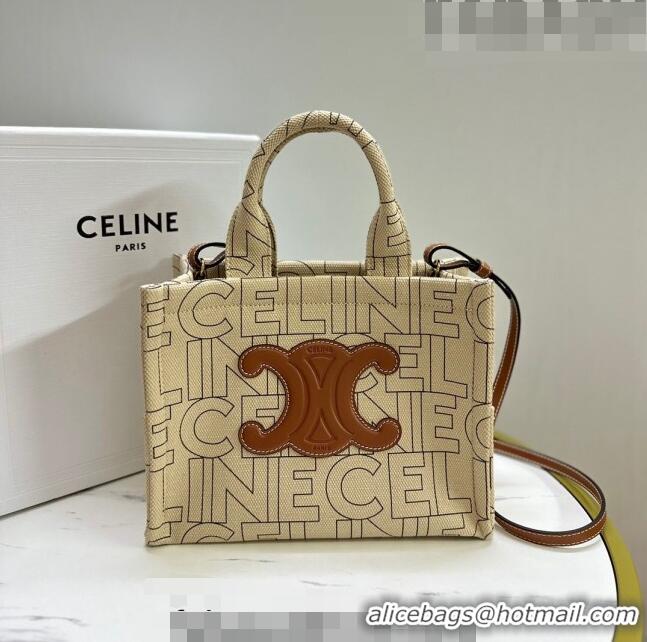 Pretty Style Celine Small Cabas Thais Tote Bag in Textile with CELINE Allover 199162 Beige 2023