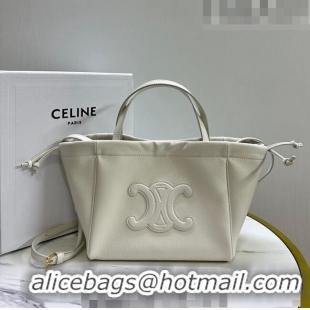 Pretty Style Celine Small Cabas Drawstring Cuir Triomphe Tote Bag in Smooth Calfskin 111013 White 2023