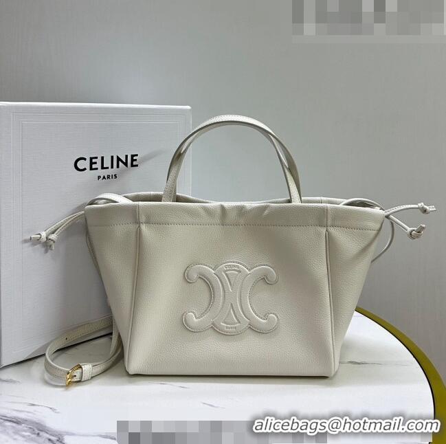 Pretty Style Celine Small Cabas Drawstring Cuir Triomphe Tote Bag in Smooth Calfskin 111013 White 2023