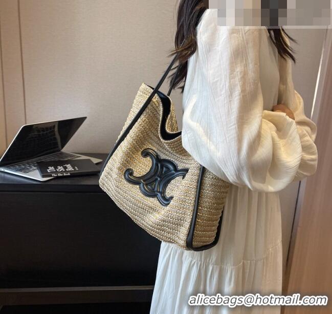 Famous Brand Celine Triomphe Straw Tote Bag 0627 Beige/Black 2023