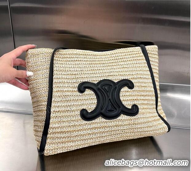 Famous Brand Celine Triomphe Straw Tote Bag 0627 Beige/Black 2023